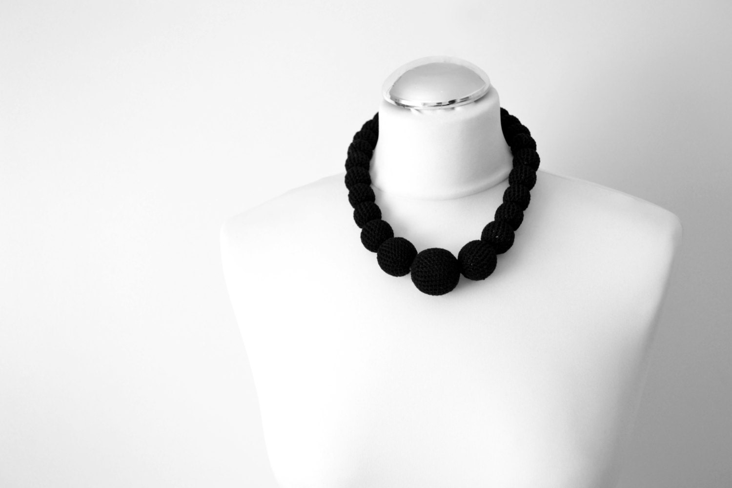 black bold crochet long funky beaded neckace - handmade round bead necklace, geometric, beads in different size, gothic style