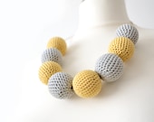 yellow and grey big crochet bead textile necklace with handmade huge beads in urban style, whimsical, bold, boho style, gift for her