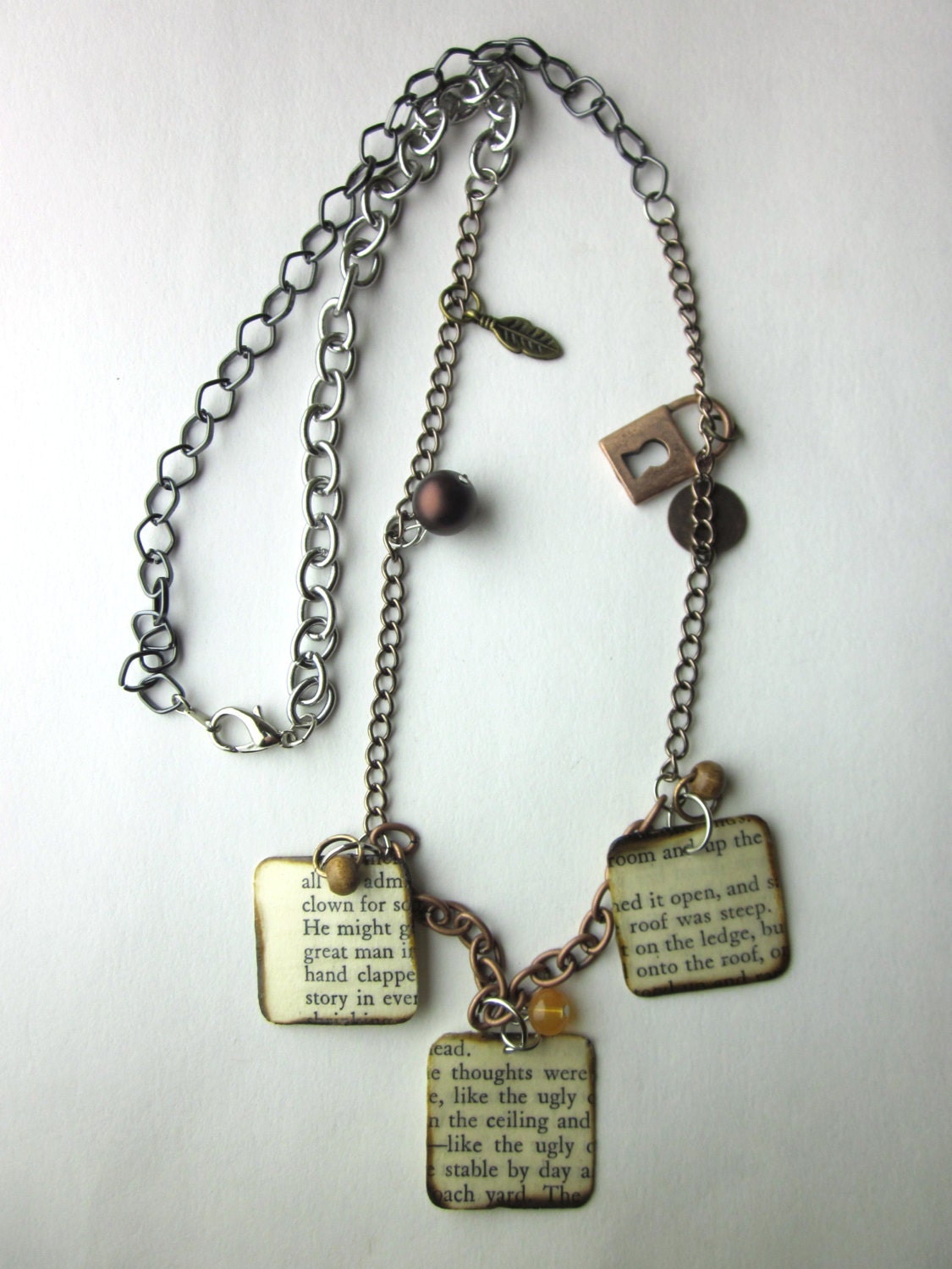 Book page necklace charm necklace, literary necklace, book jewelry, paper bead, Unconquered