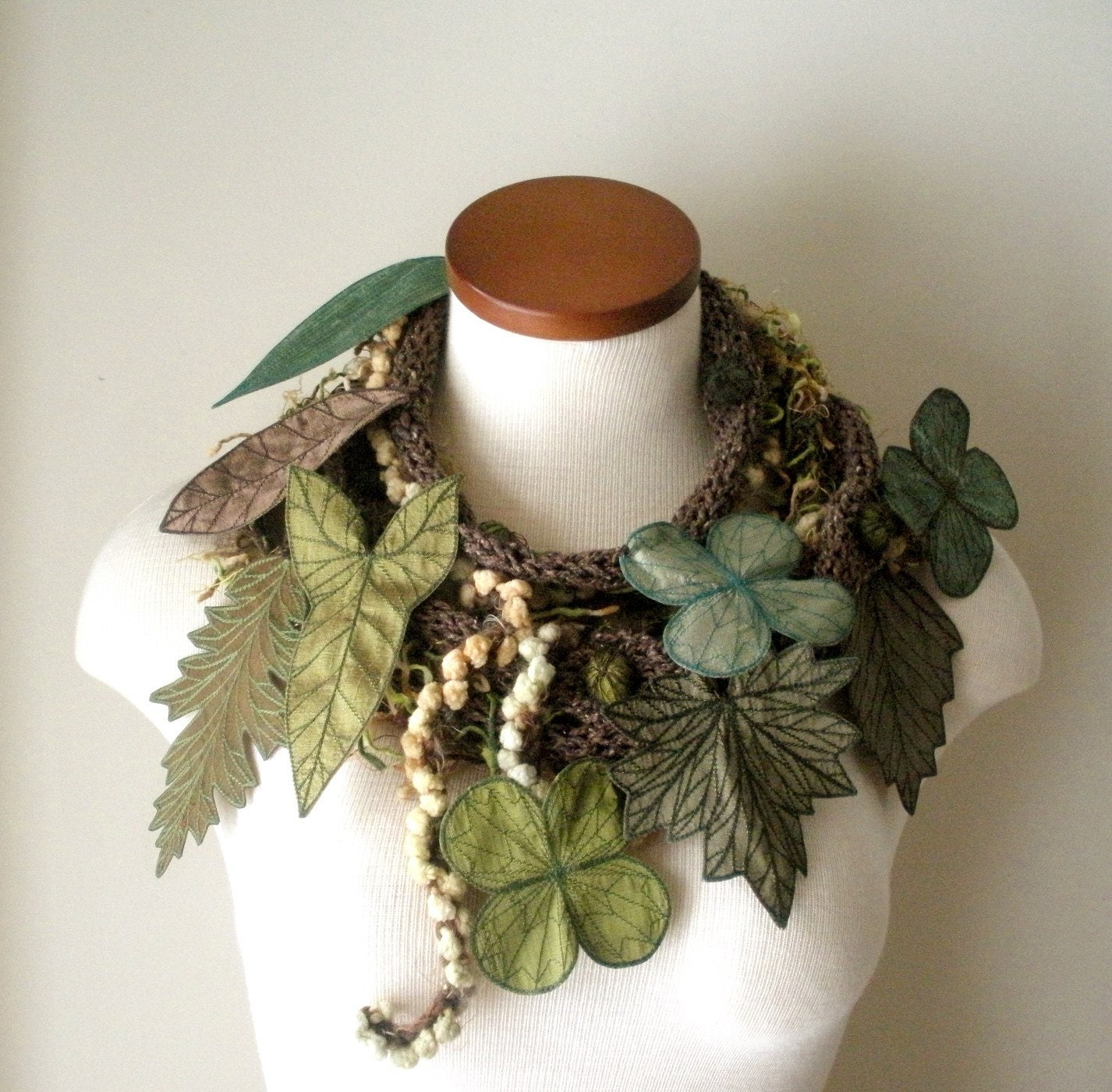 Long and Leafy Scarf with Embroidered Leaves- Tweedy Brown with Leaves of Sage, Olive, Jungle Green, and Bronze-Brown- Fiber Art Scarf