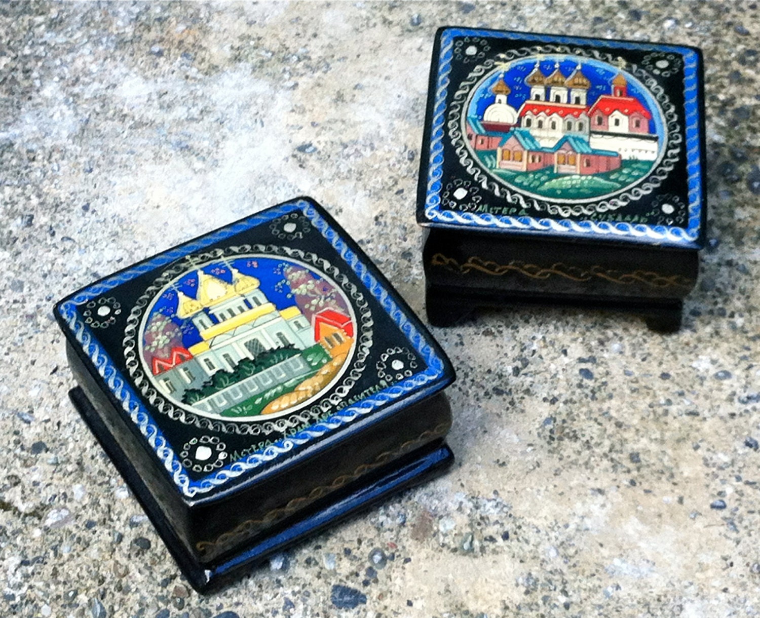 Vintage Miniature Russian Soviet Black Lacquer Boxes Handmade and Painted Signed by Artist
