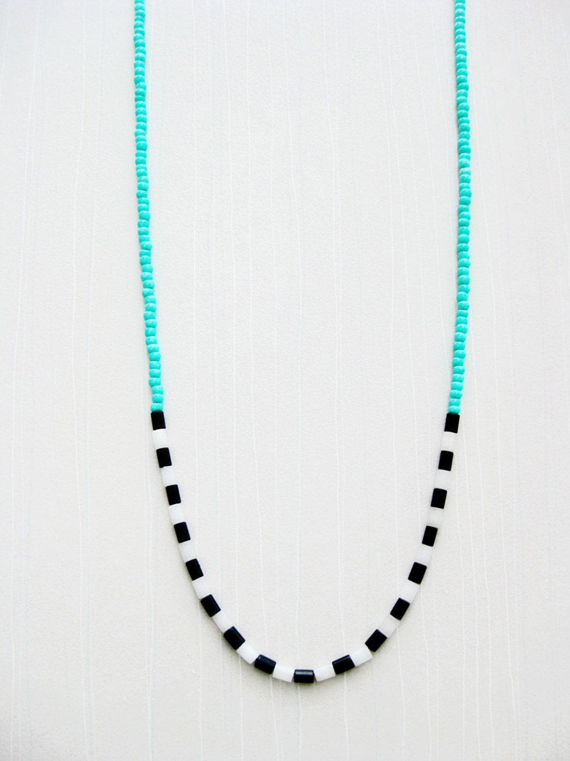 Long Beaded Colorblock Necklace - Black & White - Turquoise glass beads, Black Jasper and Snow Quartz - Silk and Sterling Silver