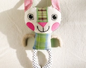 Plush Rabbit Bunny Recycled Fabric Doll Patchwork Green Pink