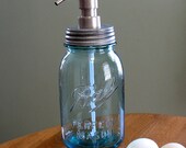 Vintage Blue Mason Jar Quart Soap Lotion Dispenser. Farm House Decor, galvanized silver reproduction lid and silver pump