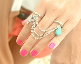 Ring Bohemian Boho Two Dual Finger Ring Feather Leaf Turquoise Charm Silver Chain Drape Jewelry