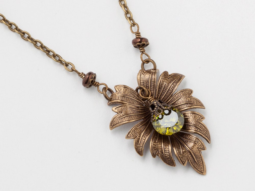 Handmade Jewelry Necklace gold Vintage leaf bird charm filigree green Swarovski crystal Neo Victorian pendant Statement Necklace Gift R1121