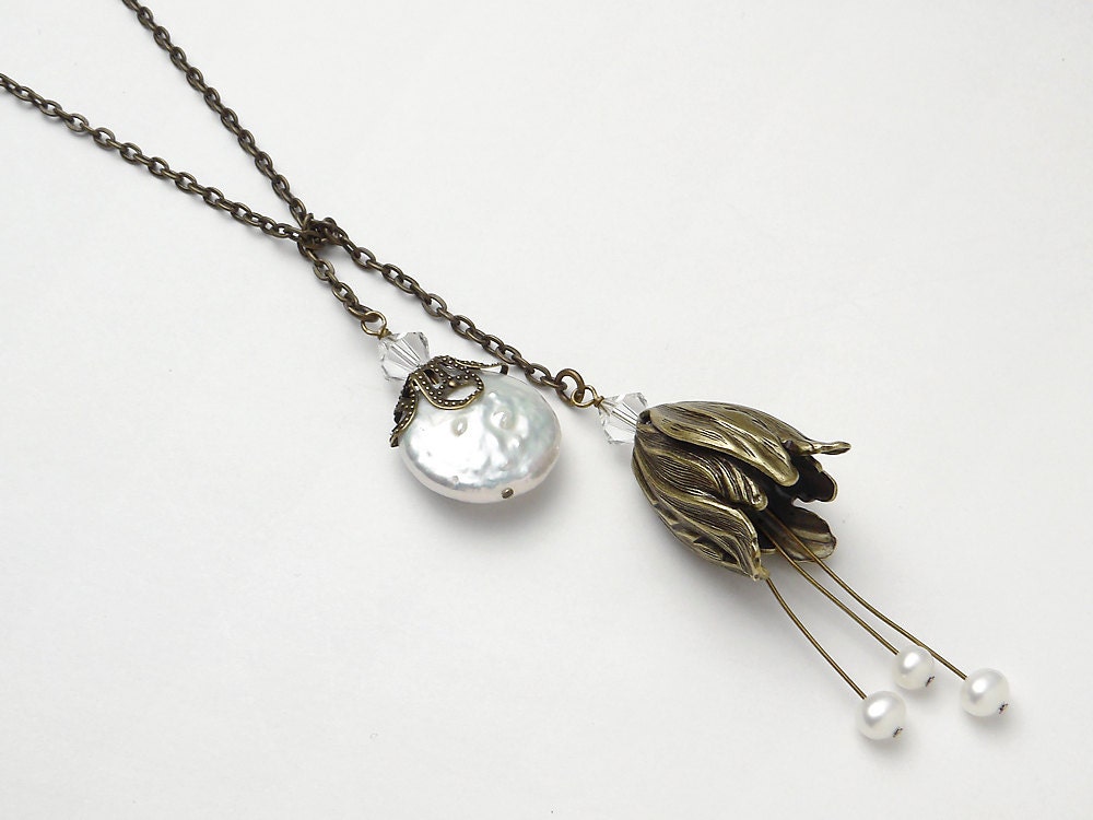 Handmade Jewelry Lariat Necklace gold flower tulip genuine pearls filigree Swarovski crystal Neo Victorian pendant Wedding Jewelry Gift R817