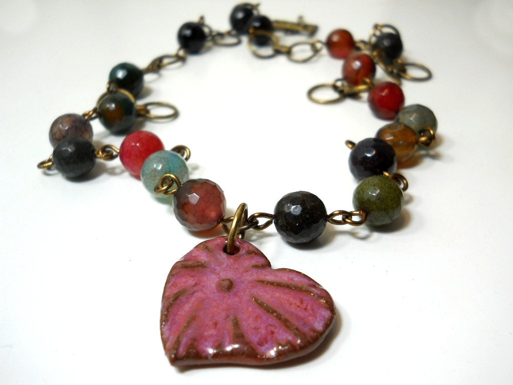 Ceramic Heart and Gemstone Beaded Necklace, Elaine Ray Blush Glazed Ceramic, Multi Colored Agate, and Brass, Rustic Fashion, Natural Jewelry