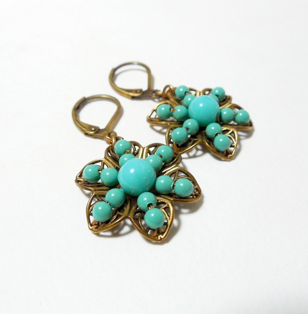Turquoise Pearl Drop Earrings, Floral Filigree, Glass Pearl, Antiqued Brass, Flower Earrings, Beach Jewelry, Glass Pearls, Summer Fashion