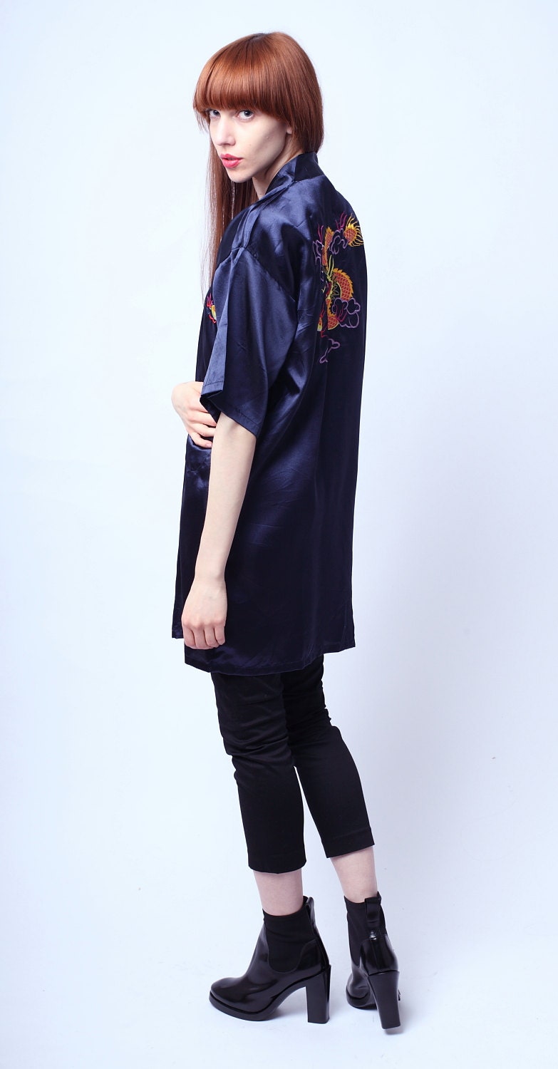 Vintage Little Dragon Silk Chinese Lounge in Navy Blue S