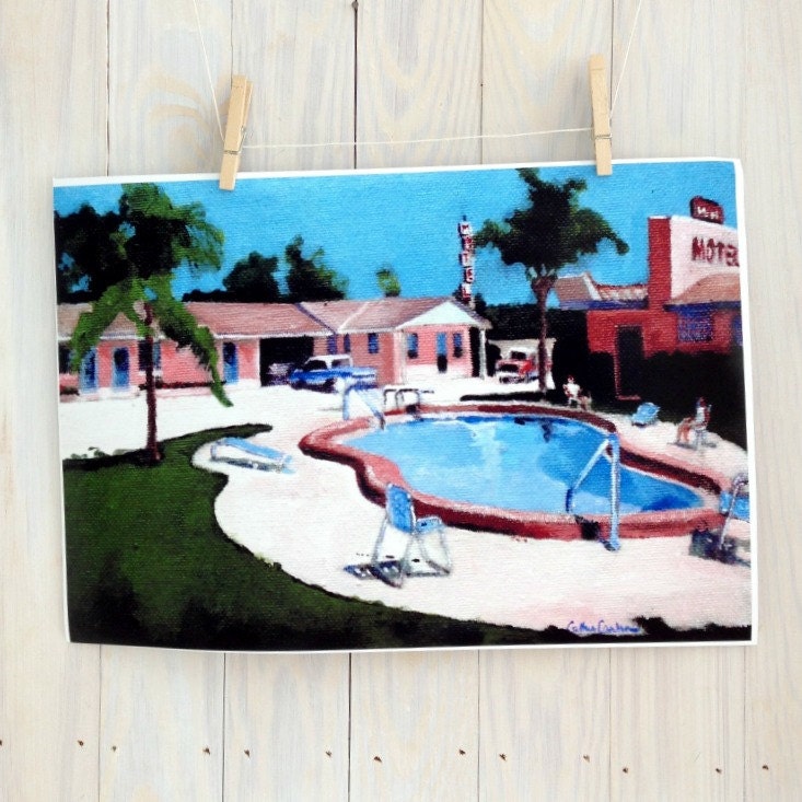 Mid century motel swimming pool print from original architectural painting, 13x19 inch by Cathie Carlson