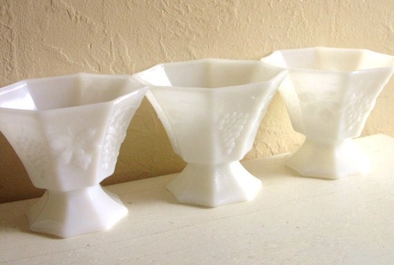 Three White Glass Compotes Pedestal Vases with Grapevine Design 3
