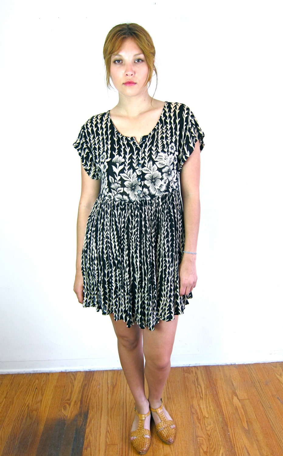 Pretty Tan & Black Baby Doll Dress