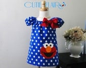 Elmo Girls Peasant Dress, Royal blue dots and red, boutique style, tunic toddlers, sundress, custom sizes 12m, 18m, 2t, 3t, 4t
