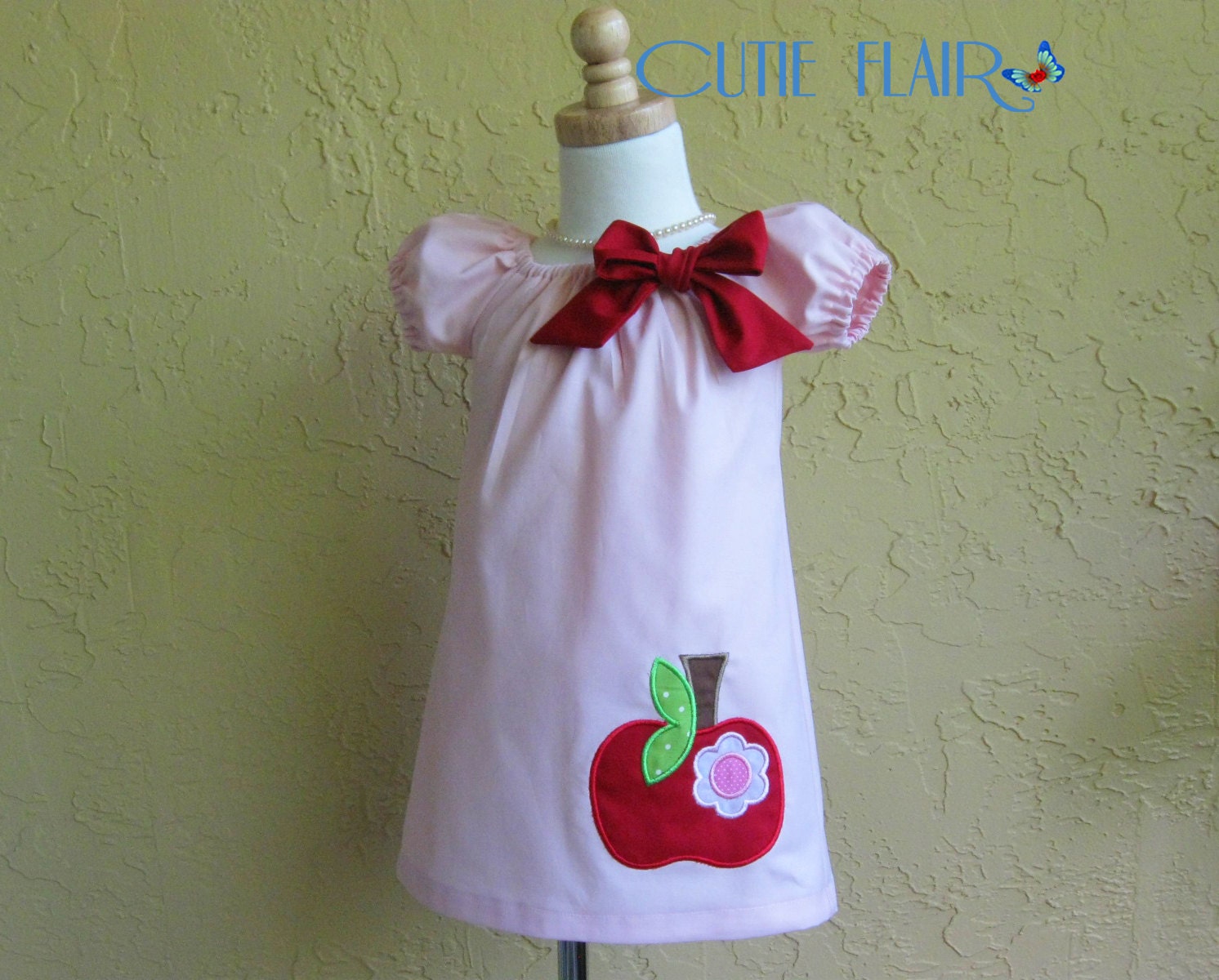 Apple Peasant Dress, pink and red, boutique style, tunic toddlers, sundress, custom sizes 12m, 18m, 2t, 3t, 4t