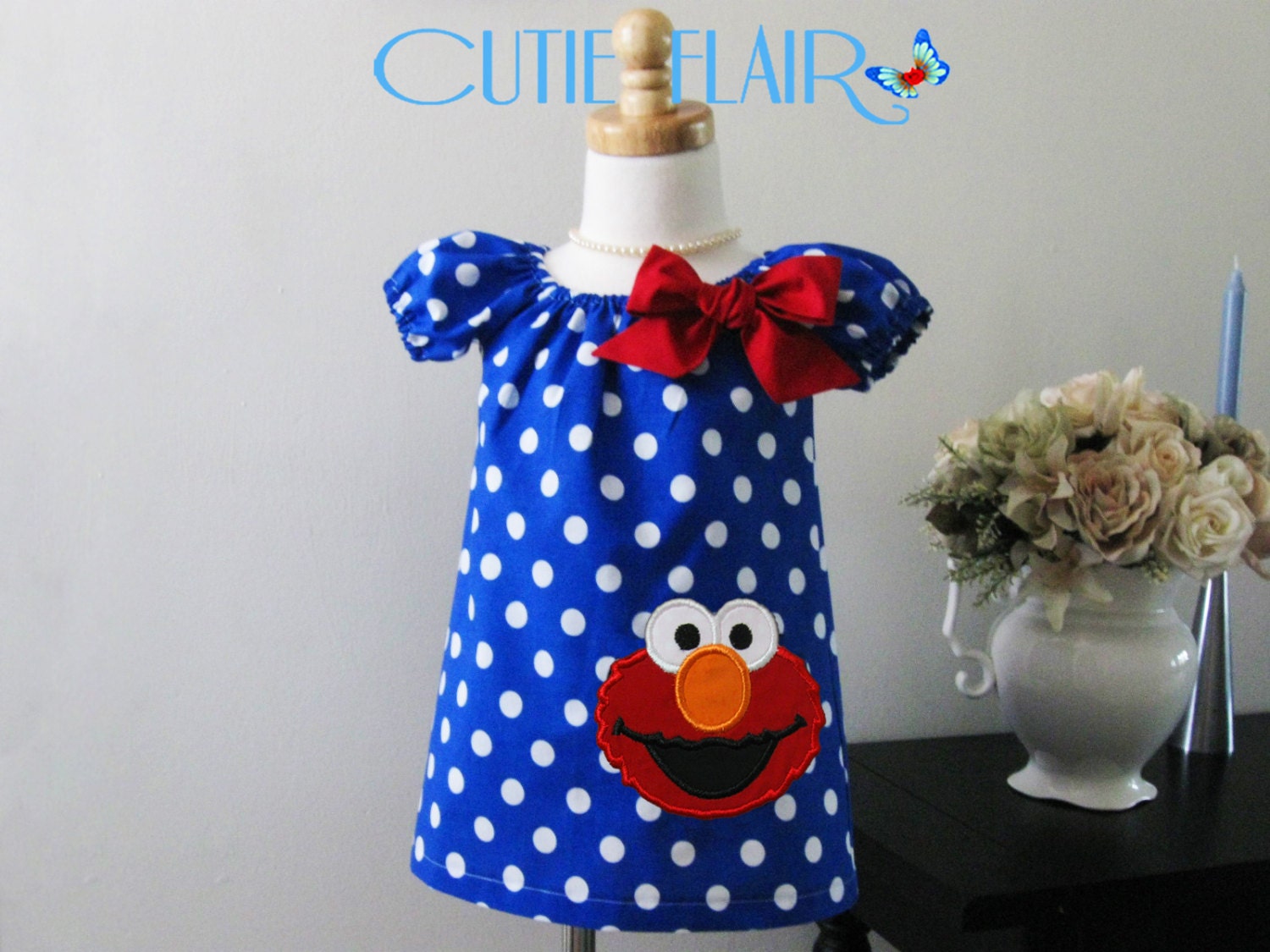 Elmo Girls Peasant Dress, Royal blue dots and red, boutique style, tunic toddlers, sundress, custom sizes 12m, 18m, 2t, 3t, 4t