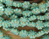 9mm Opaque Turquoise with Gold Inlay Czech Flower Glass Beads - Qty 25 (B165)