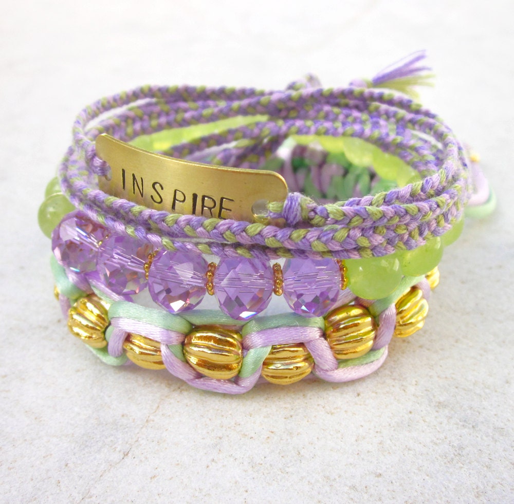INSPIRE bohemian bracelets stacking friendship bracelets set  macrame beaded hand stamped stretch bracelets green purple
