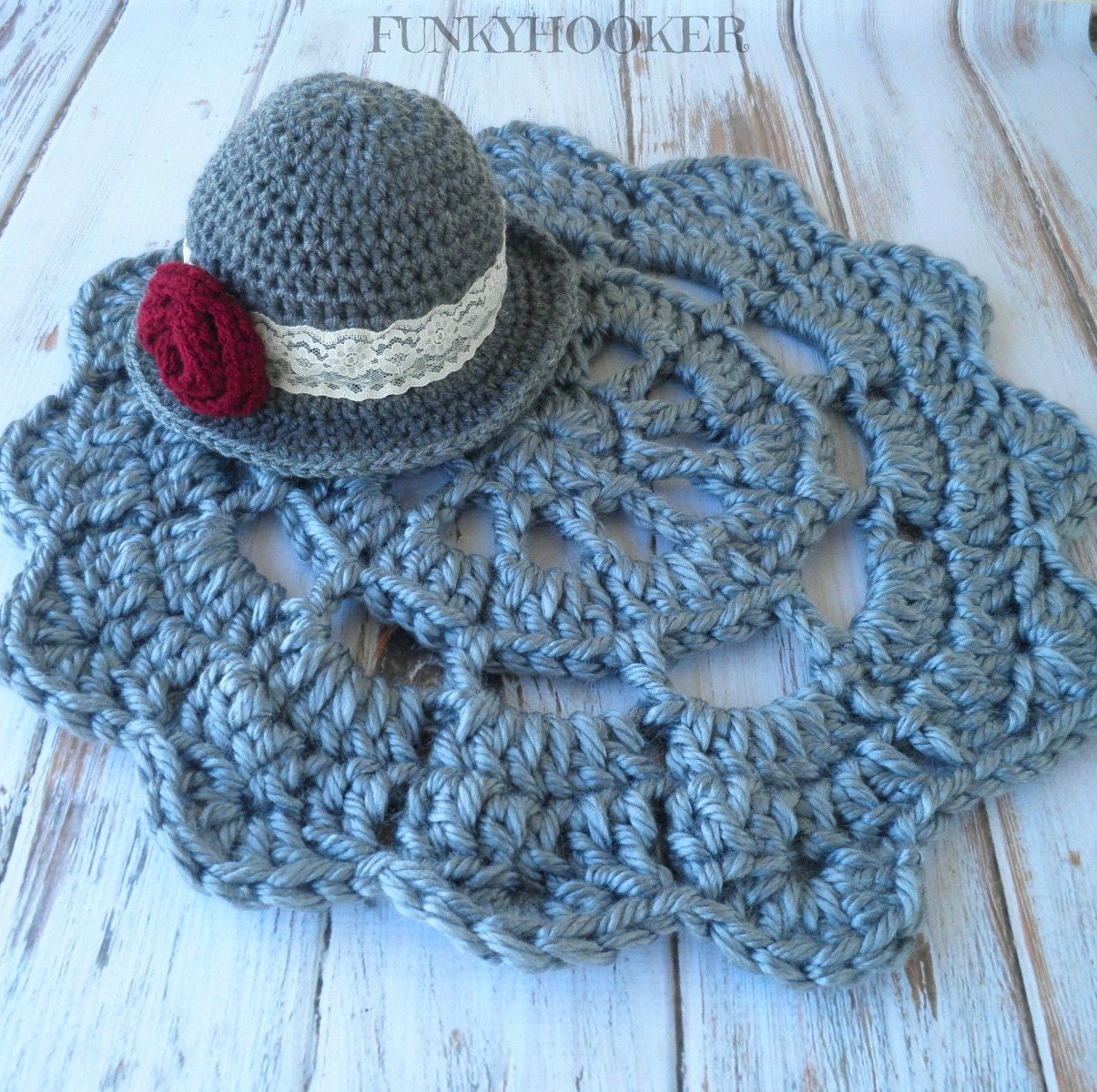 Newborn Set Crochet Doily Photo Prop Mat And Hat GREY