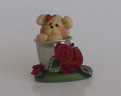 Polymer clay Bear hiding in a Thimble - Red Roses - Handsculpted by Helen's Clay Art