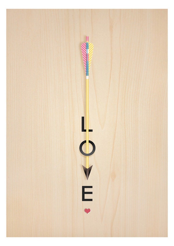 Arrows love Print 8 x 11.5 - Romantic vintage arrow wood love heart typography pink yellow