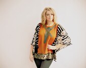 Animal Print Rust Sweater Black and White Top Batwing Tunic Eco Clothing Bohemian Shirt Upcycled Clothes Medium Large XL 'PERI'
