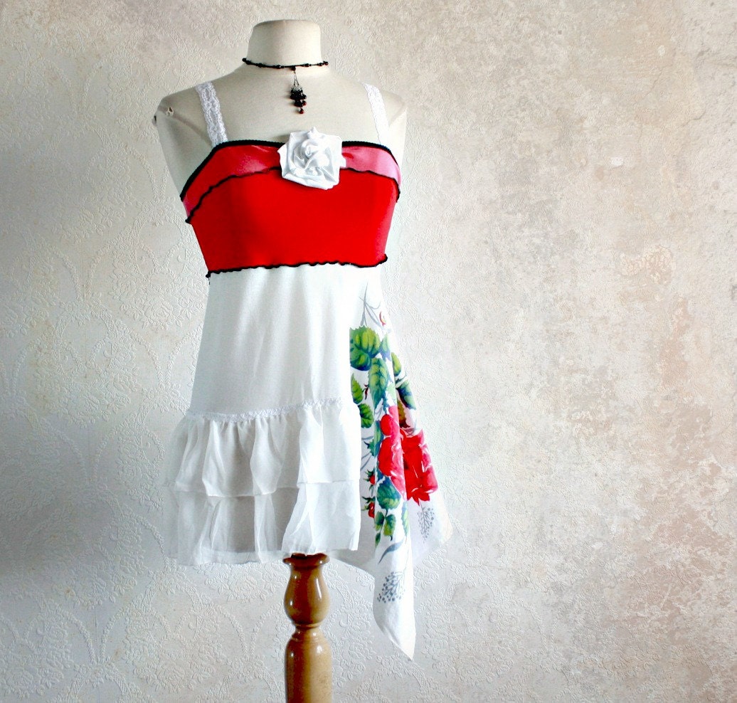 Shabby Chic Red Rose Upcycled Tank Top Recycled Clothing White Ruffle Shirt Eco Clothes Women's Tunic Small 'SINTRA'