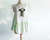 Mint Green Shabby Chic White Babydoll Top Recycled Shirt Bohemian Clothing Eco Friendly Clothes Lace Tunic Medium 'DAPHNE'