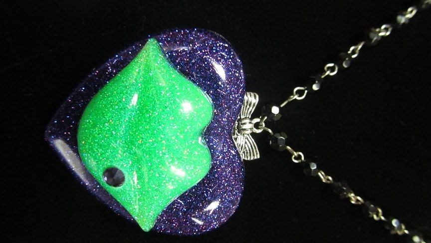 Purple Heart with Hot Green Lips chunky Glitter Resin Necklace