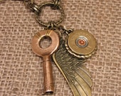 Shotgun Casing Jewelry  - Unisex Skeleton Key and Shotgun Casing Winged Pendant Necklace - Just like Stephen Tyler's from Aerosmith
