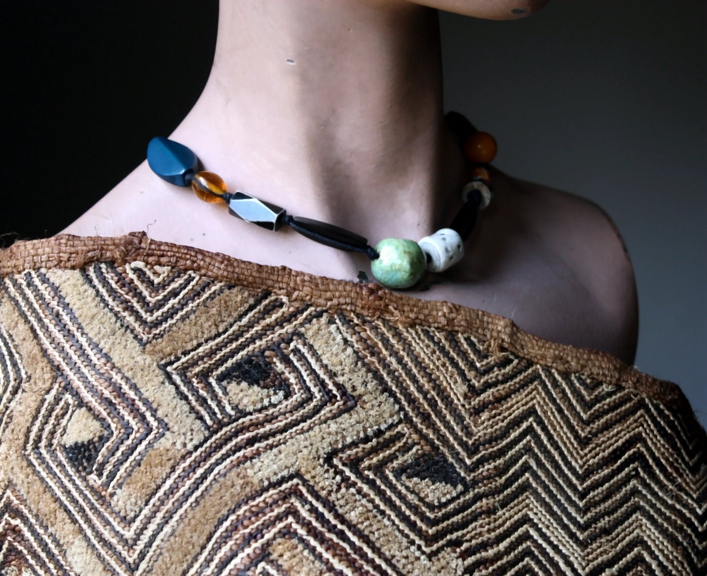 Earth and Sky--an Artisan Bead Necklace on Waxed Cotton Cord with a Handwoven Closure