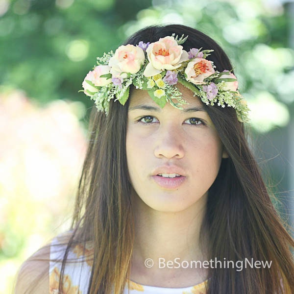 Wedding Hair Accessory, Big floral wreath in peaches and lavenders, woodland wedding