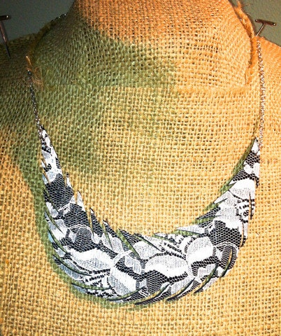 Black and white lace single recycled leather feather necklace