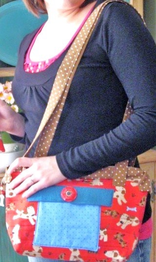 Handmade Shoulder Bag Purse Dog Print, Pet Lover, Red, Blue, Brown, Polka Dot, Dog Lover, Zippered, Inside Pockets, Machine Wash