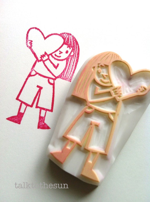 girl rubber stamp - hand carved rubber stamp - hand carved stamp - with love heart
