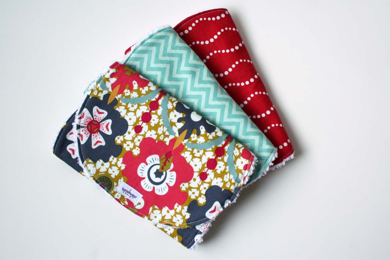Burp Rag - Baby Girl Burp Cloths - Chevron Burp Cloth - Red and Turquoise Nursery-  Set of 3 burp cloths