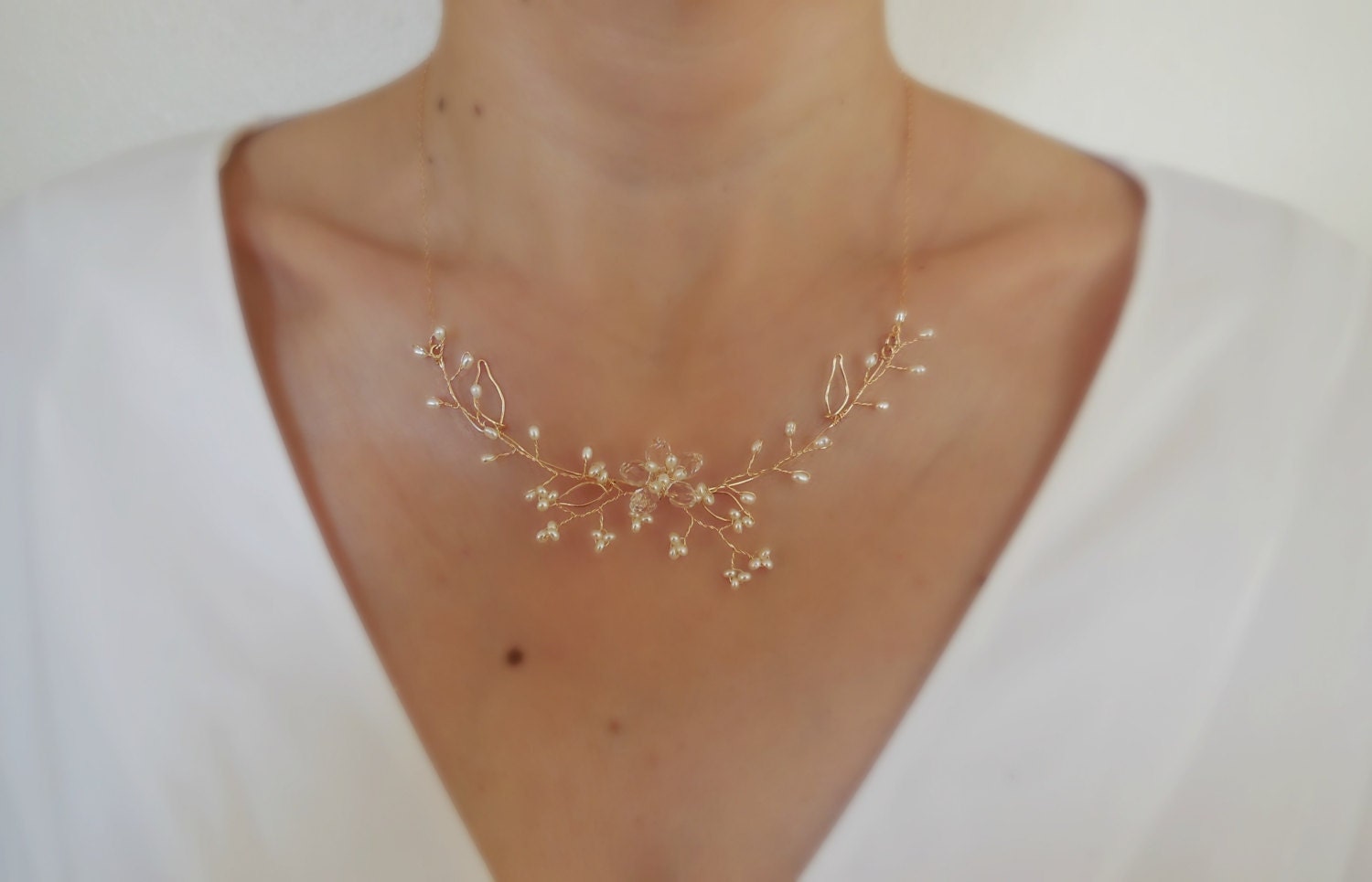 Elegant Sakura in Gold Filled - Bridal Necklace, Wedding Necklace