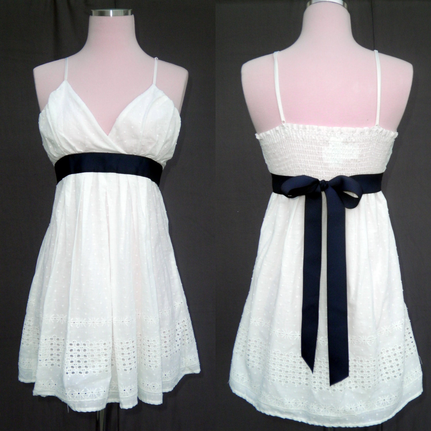 White Eyelet with Navy Blue Sash Vintage Short Wedding Dress   - Hippie, Bohemian, Indie,  Picnic