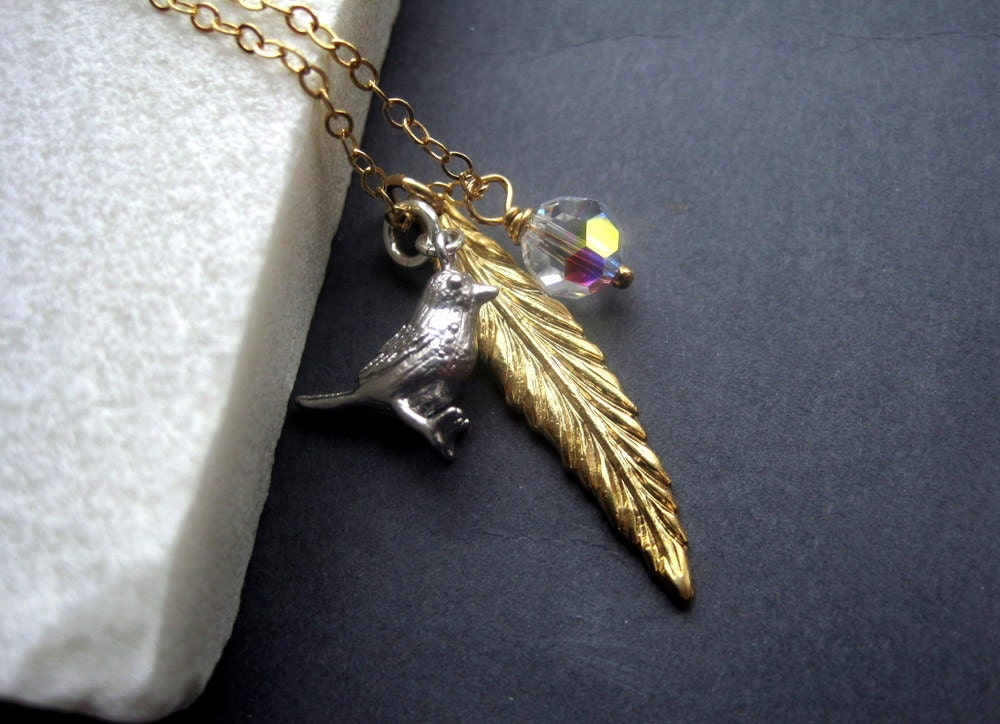Matte Gold Feather Silver Bird Crystal Necklace - Gold Feather Necklace - Silver Bird Necklace - Nature Necklace - Bird Jewelry