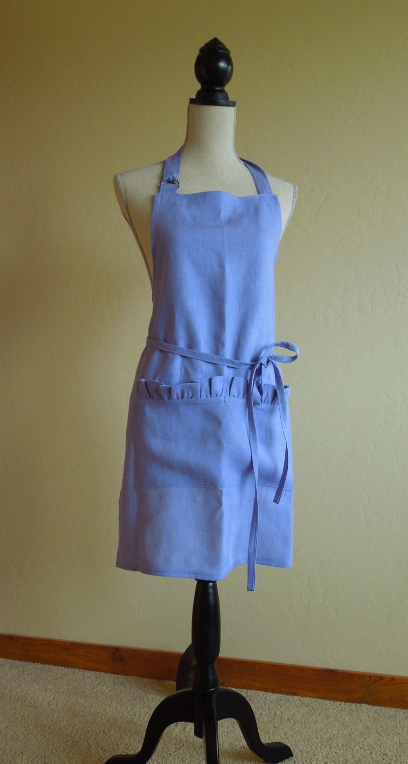 Linen Apron Wisteria Periwinkle Blue with ruffled pocket