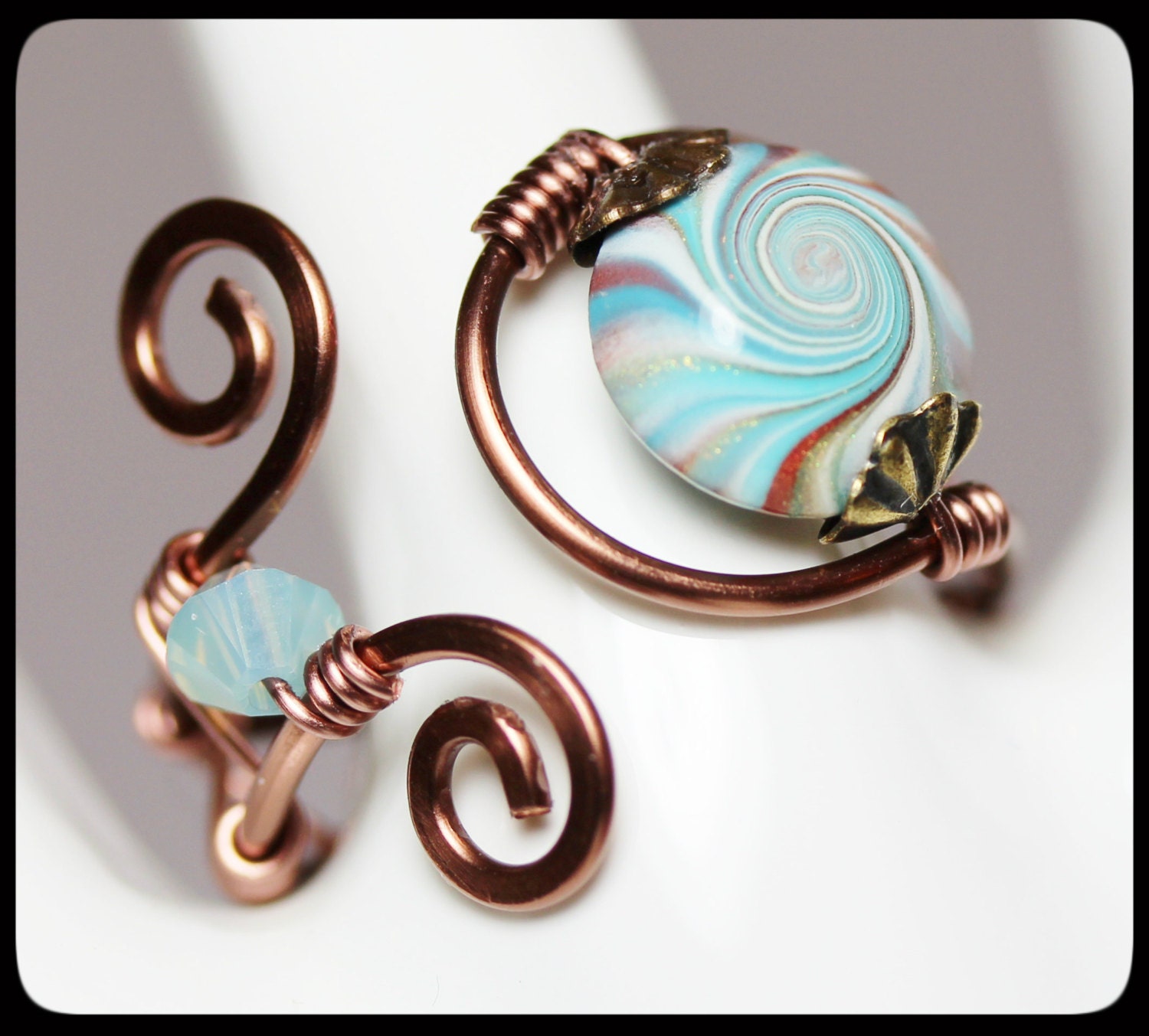 Handmade Jewelry Ring Beaded Wirework Wire Wrapped Aqua Antique Copper Polymer Clay Freeform Adjustable Size 7-8-9...Catalina