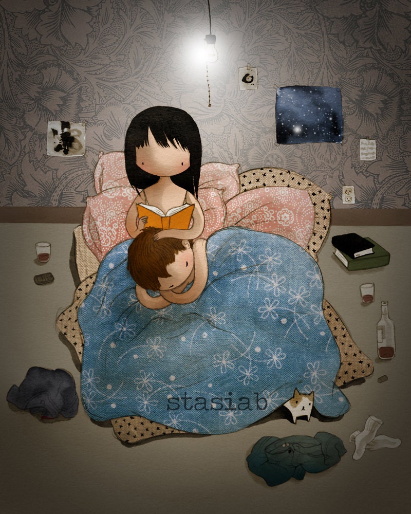 Bedtime Story 8x10 cute romantic couple reading in bed watercolor drawing print