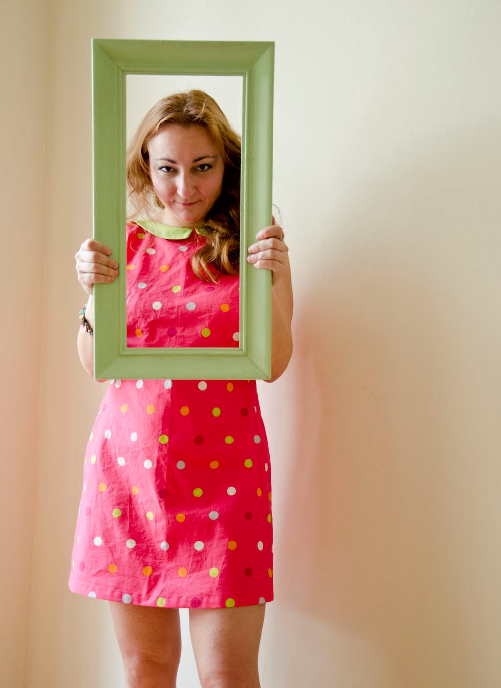 Polka Dot Dress with Scoop Back in Hot Pink and Grey, Sleeveless Summer Dress with Peter Pan Collar
