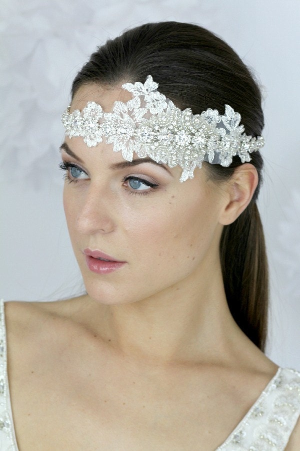 Bridal hair accessories, Wedding lace  headpiece ,embellished lace Ivory headpiece, wedding halo, wedding hair - Style 204