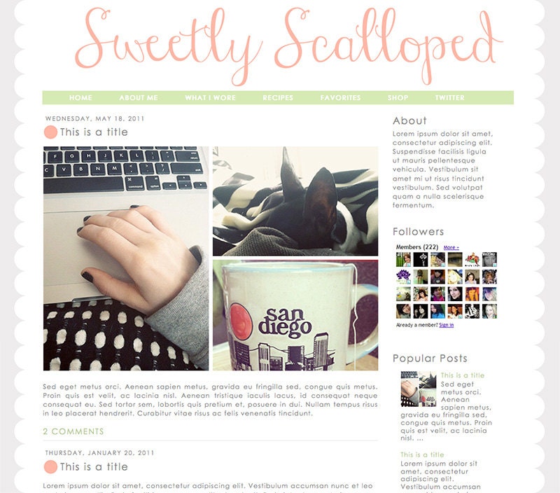Blogger Premade Template: Sweetly Scalloped minimalist, pink, green, script, cursive, pretty, icons, girly, scallop, scalloped