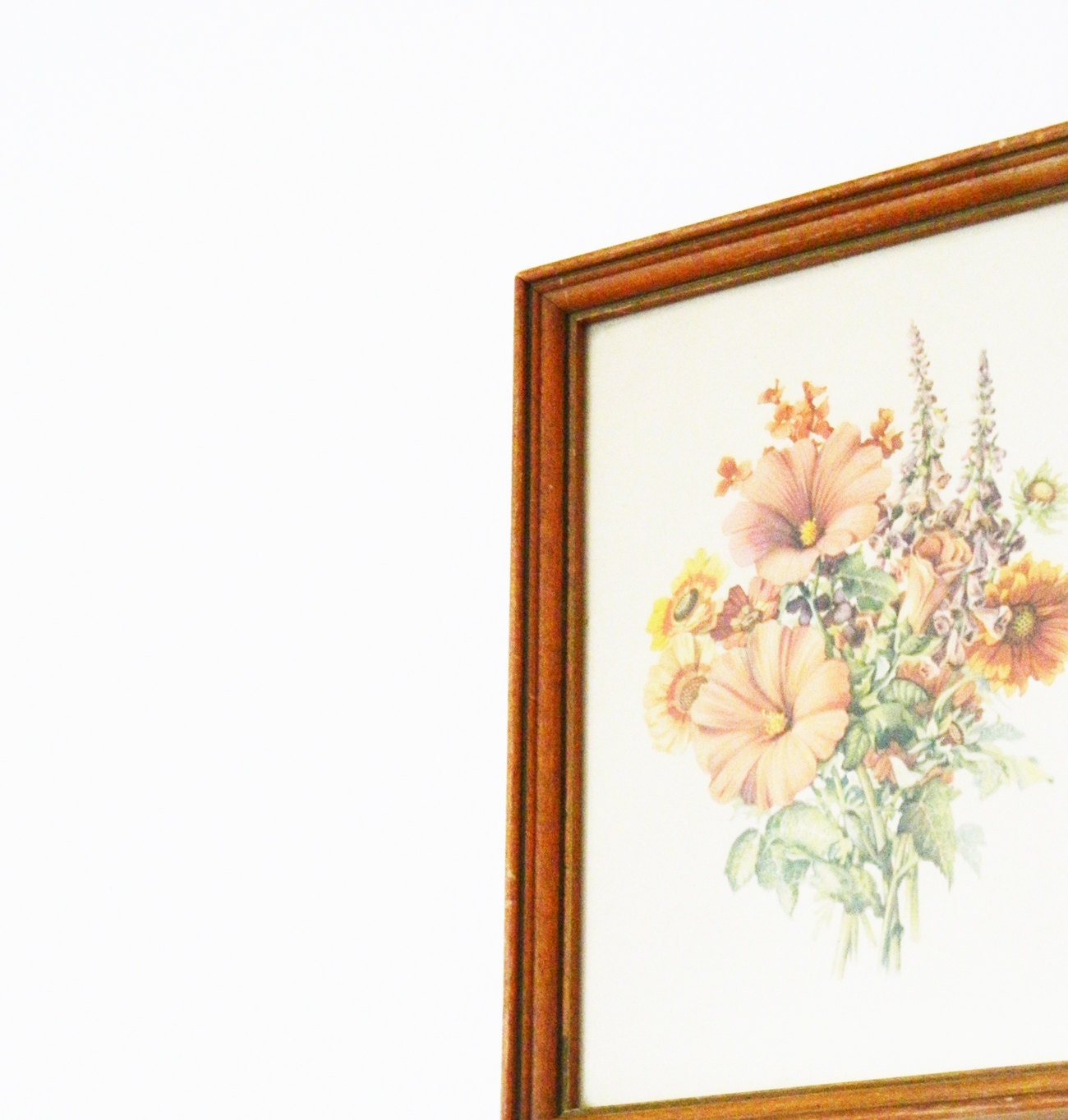 Sweet Floral Print in Wooden Frame/Antique Shabby Chic Decor/Framed Floral Artwork