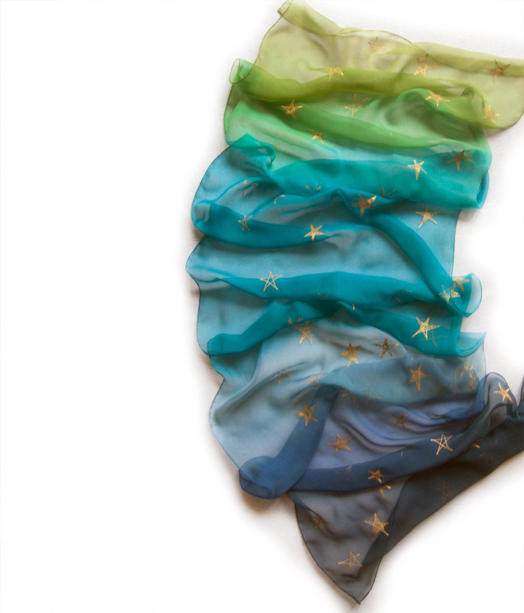 Ombre hand painted scarf. Silk chiffon scarf with golden stars. Handpainted silk scarf in green grass,aqua ,teal and blue. Woman fashion - klaradar