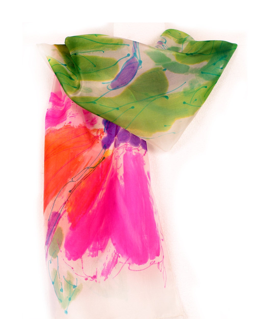 Scarf silk in fresh, neon colors. Handpainted scarf with abstract flowers in bright pink, green. Artistic mom gift. Painting on silk by Dimo