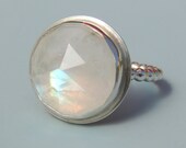 Rainbow Moonstone Ring Sterling Silver Round Faceted White Stone Cocktail Ring