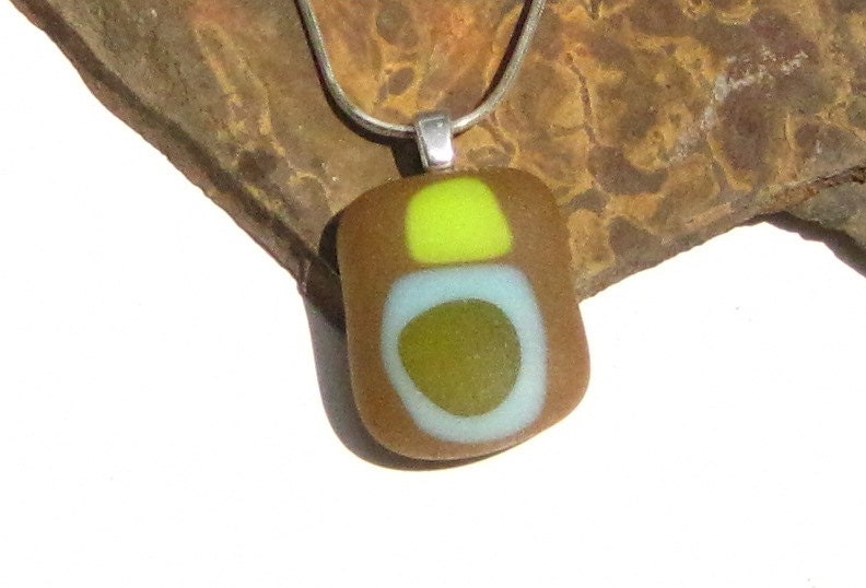Modnern art glass pendant, fused glass, etched glass, art pendant Fused glass pendant brown and chartreuse